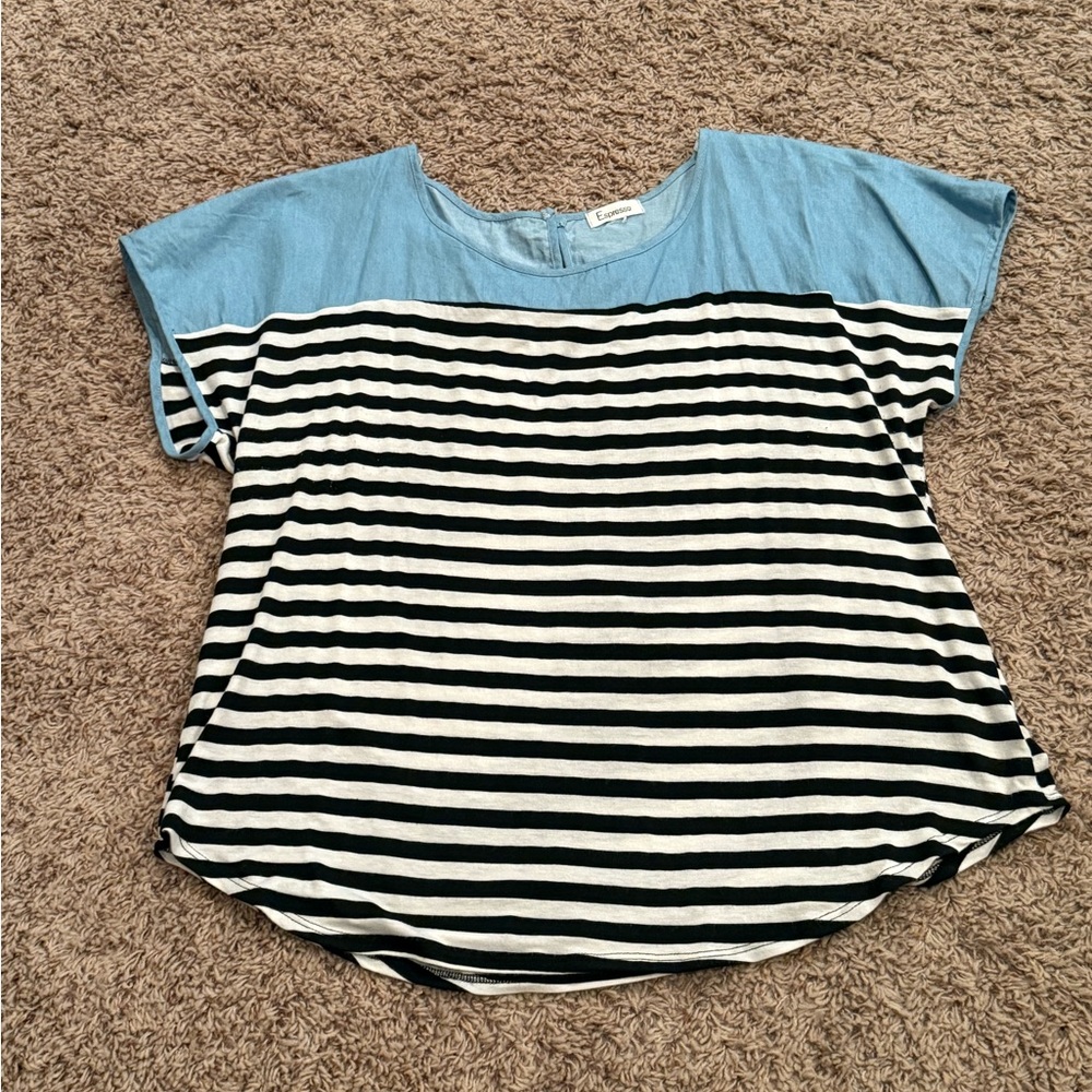 Espresso Striped Black & White Women's 3X plus Short Sleeve Top with Blue Yoke